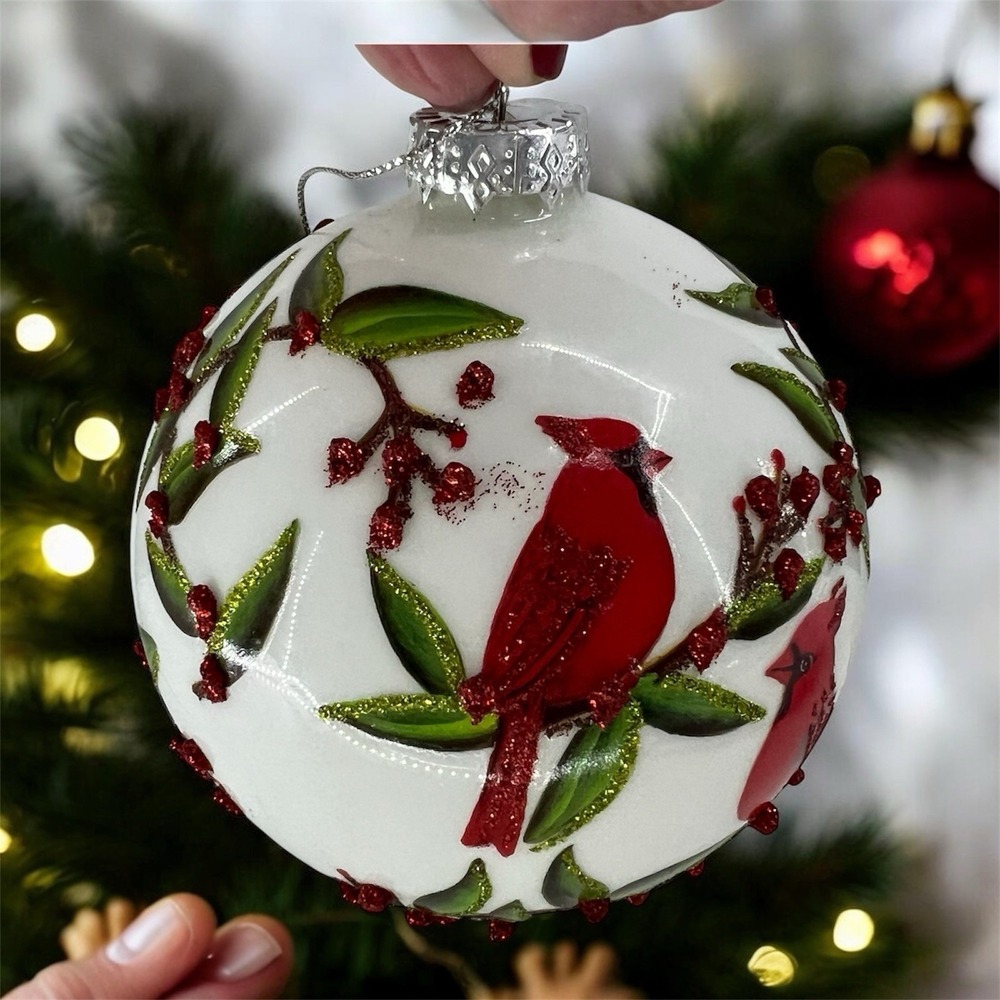 Regency Cardinal & Holly Glass Ball Ornament